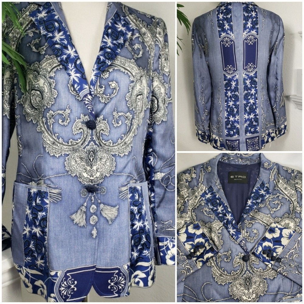 Etro RARE Blue & White Paisley Floral Italian Silk Art Deco Rococo Poet Revival